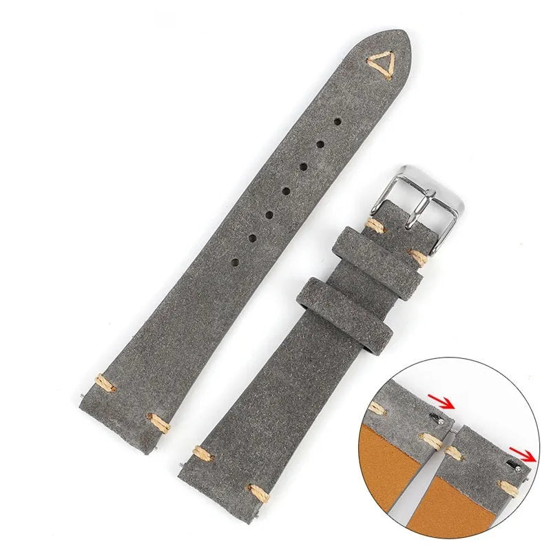 Small waist genuine suede leather watch strap in brown, blue, grey, or Army Green colours