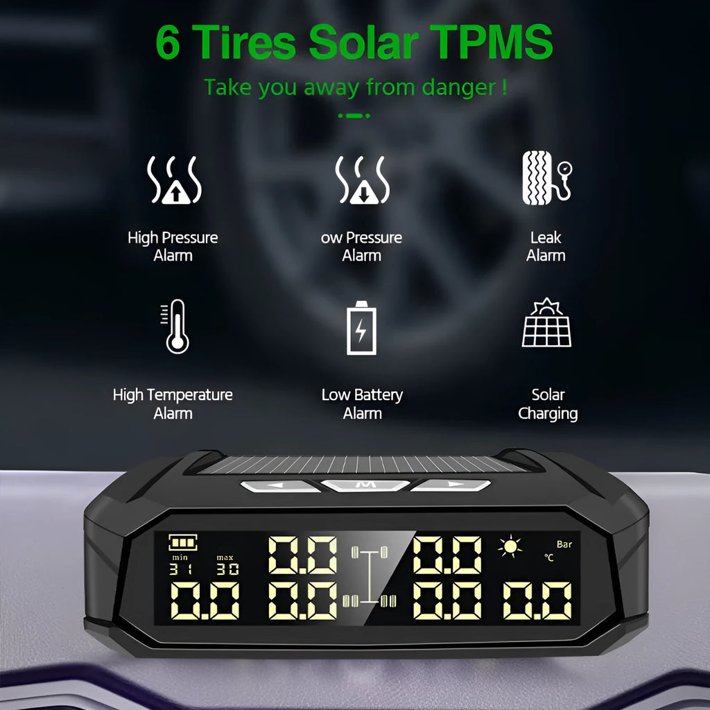 Solar-powered external tyre pressure monitor with colour display and six sensors for RVs and trucks