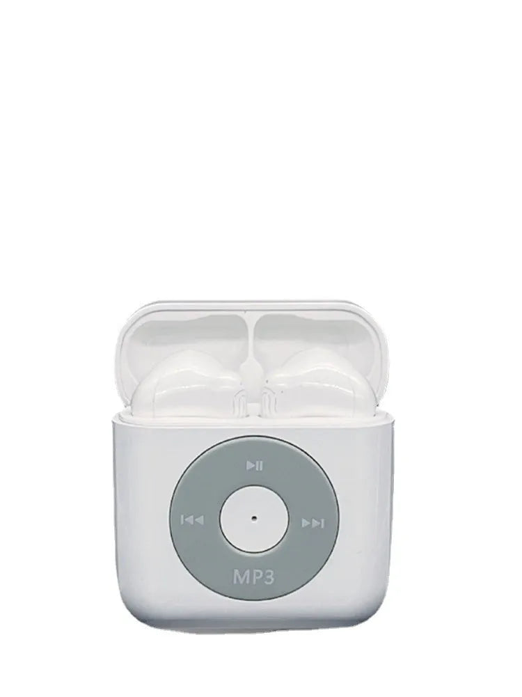White wireless Bluetooth semi in-ear earphones and their compact charging case on a solid background.