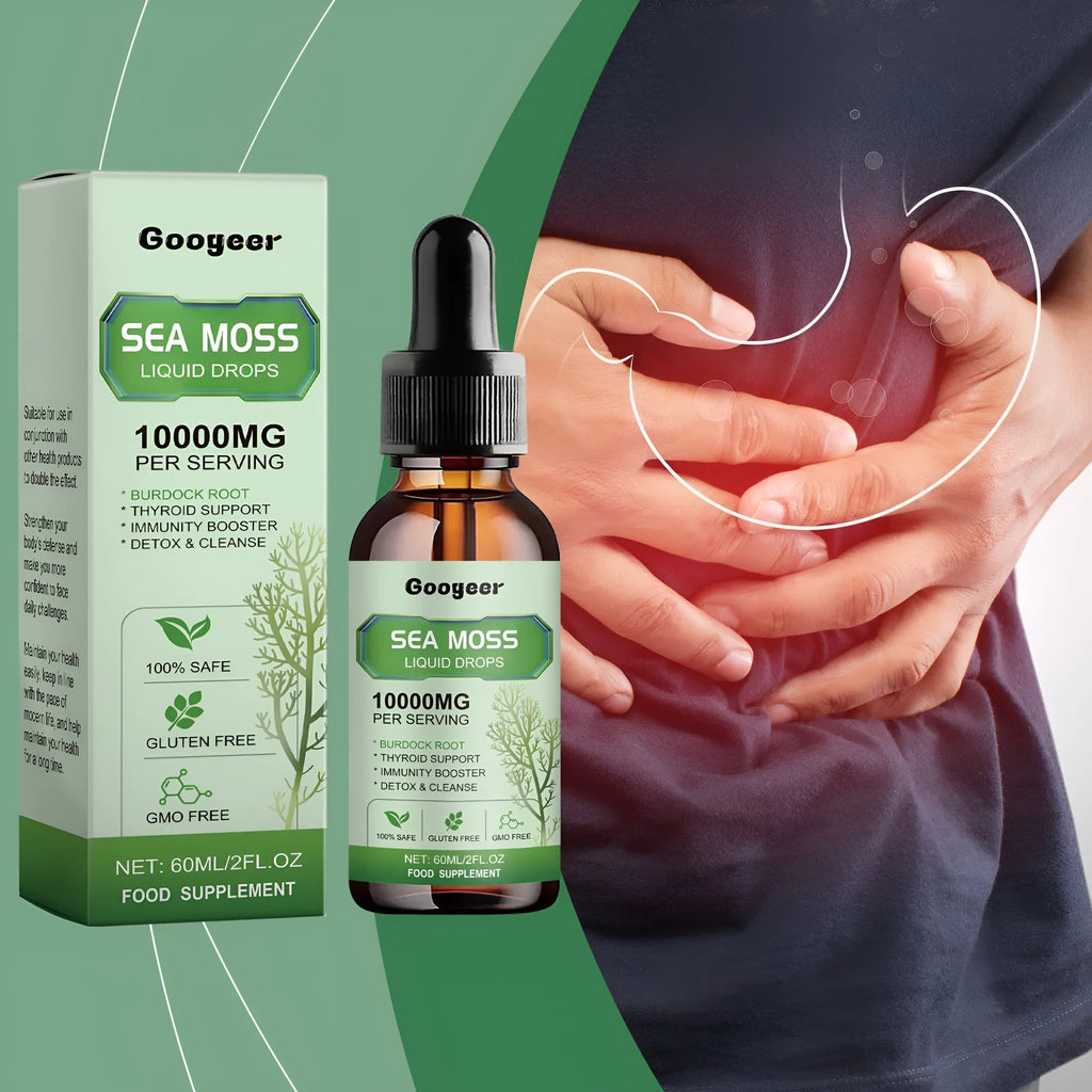 Sea Moss Liquid Drops 60ml body treatment serum in a glass bottle.