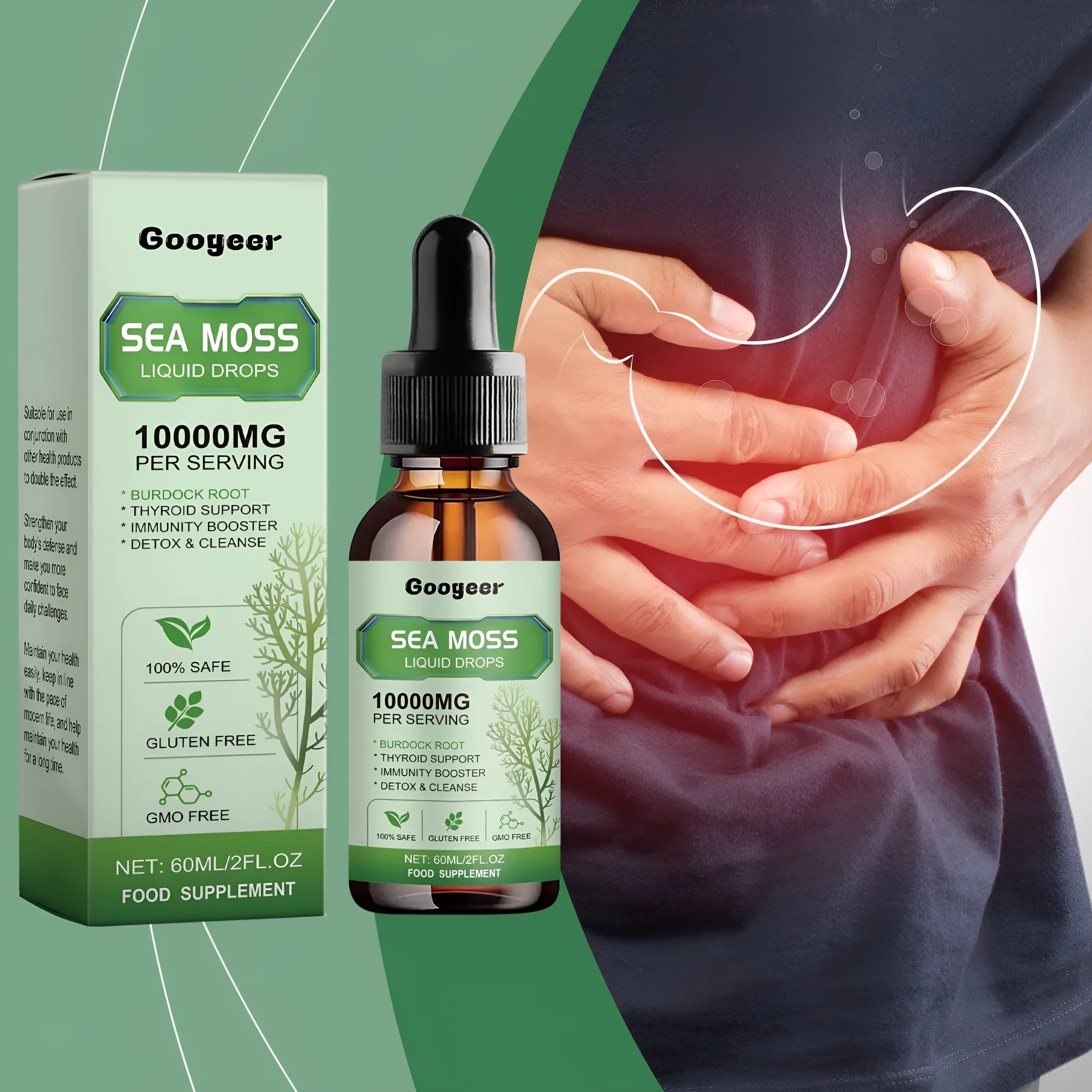 Sea Moss Liquid Drops 60ml body treatment serum in a glass bottle.