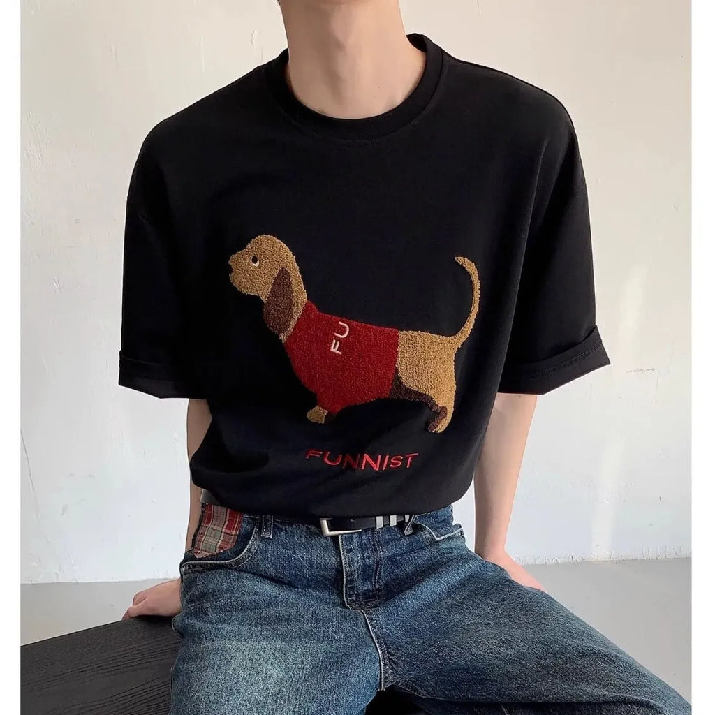Grey men's t-shirt with an embroidered sausage dog design on the front.