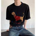 Grey men's t-shirt with an embroidered sausage dog design on the front.