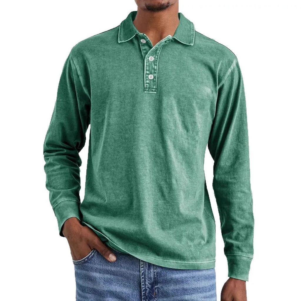 Men's retro washed distressed cotton lapel polo shirt in army green, long sleeves.