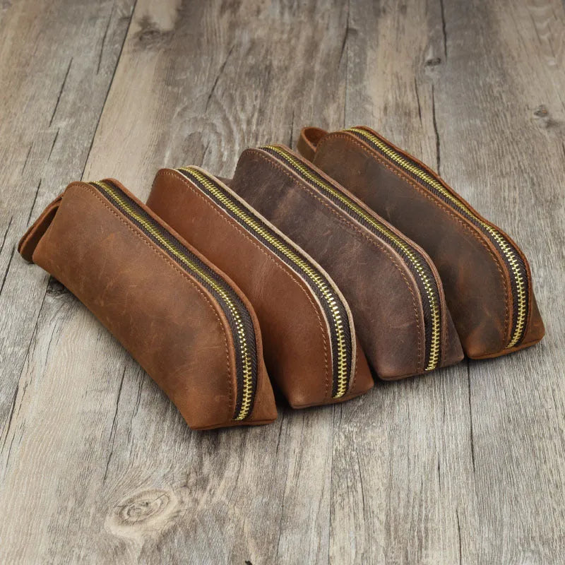 Genuine cowhide leather pencil case with zipper, 18cm long, in black solid colour