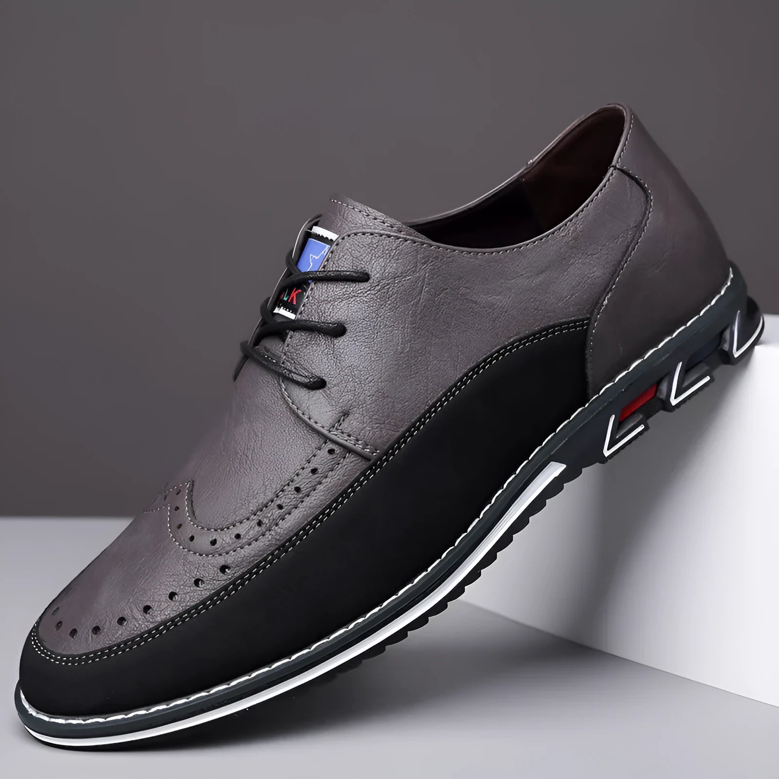 Men's casual leather shoes in khaki with a leather toe cap, fabric upper, and rubber sole.