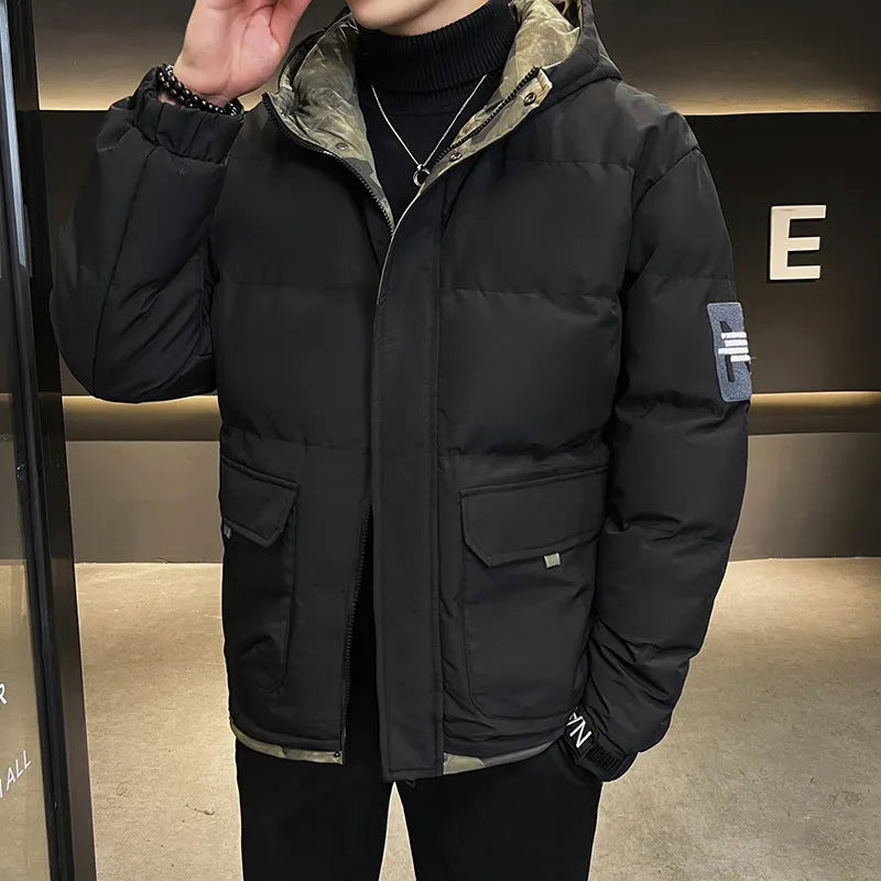 Men's hooded cotton-padded coat in loose cardigan style, black colour, with polyester filling