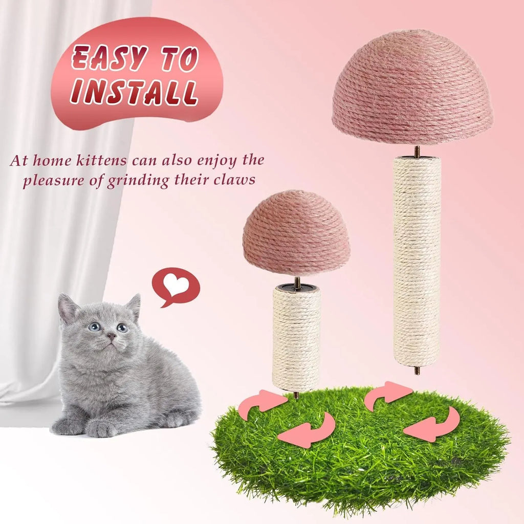 Pink mushroom-shaped cat scratching post with natural sisal covering on cap and pole