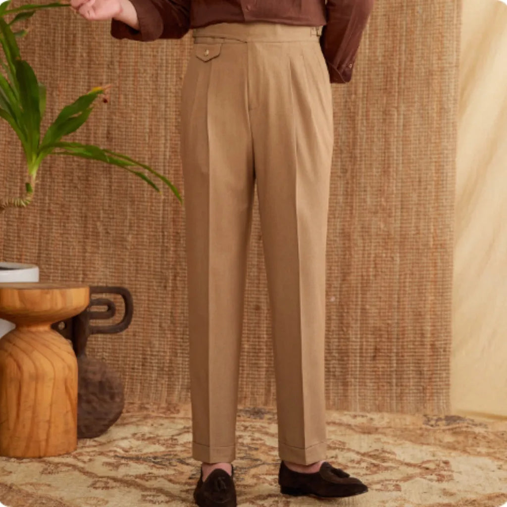 Slim-fit straight leg men's business trousers in dark grey, light brown, and light apricot colours.