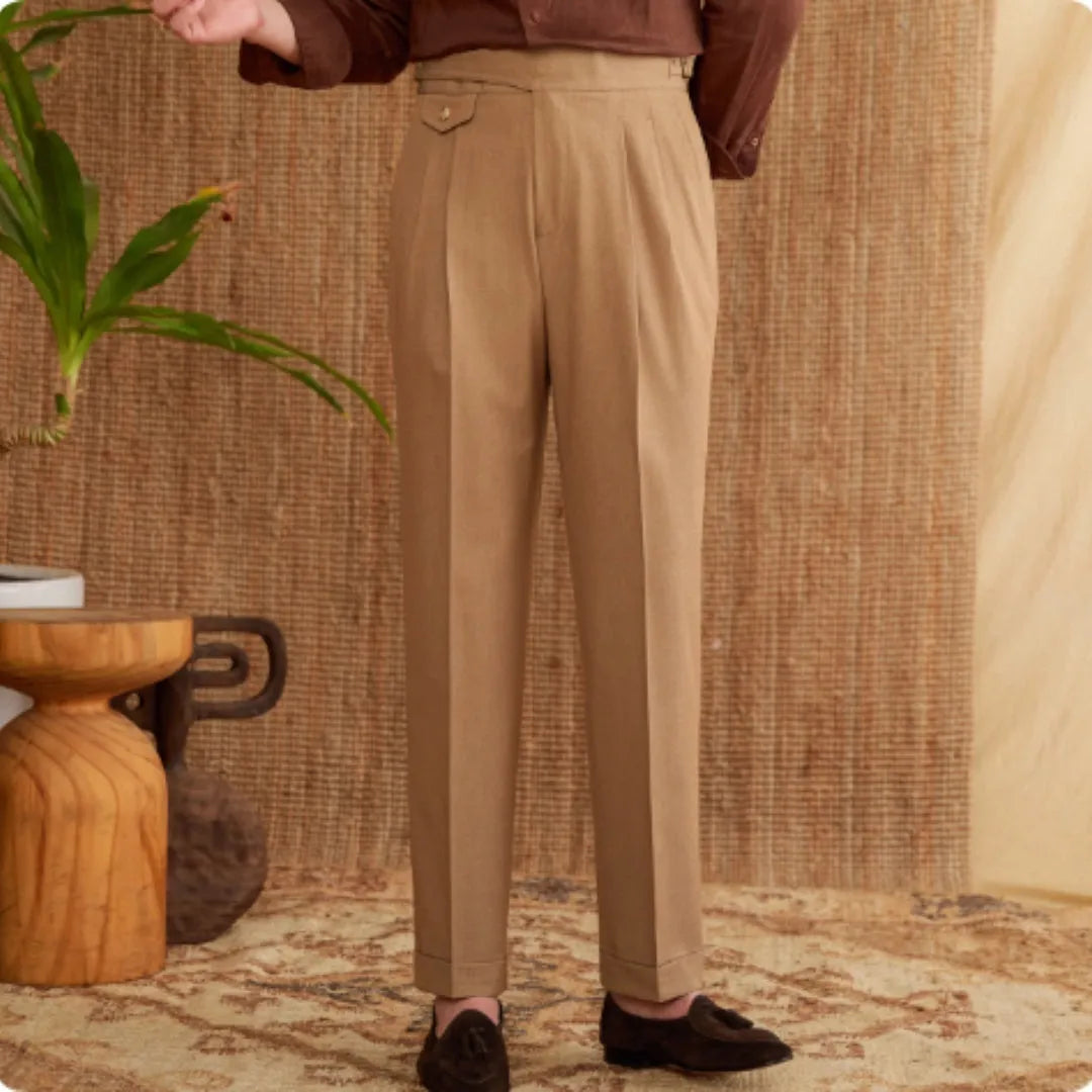 Slim-fit straight leg men's business trousers in dark grey, light brown, and light apricot colours.