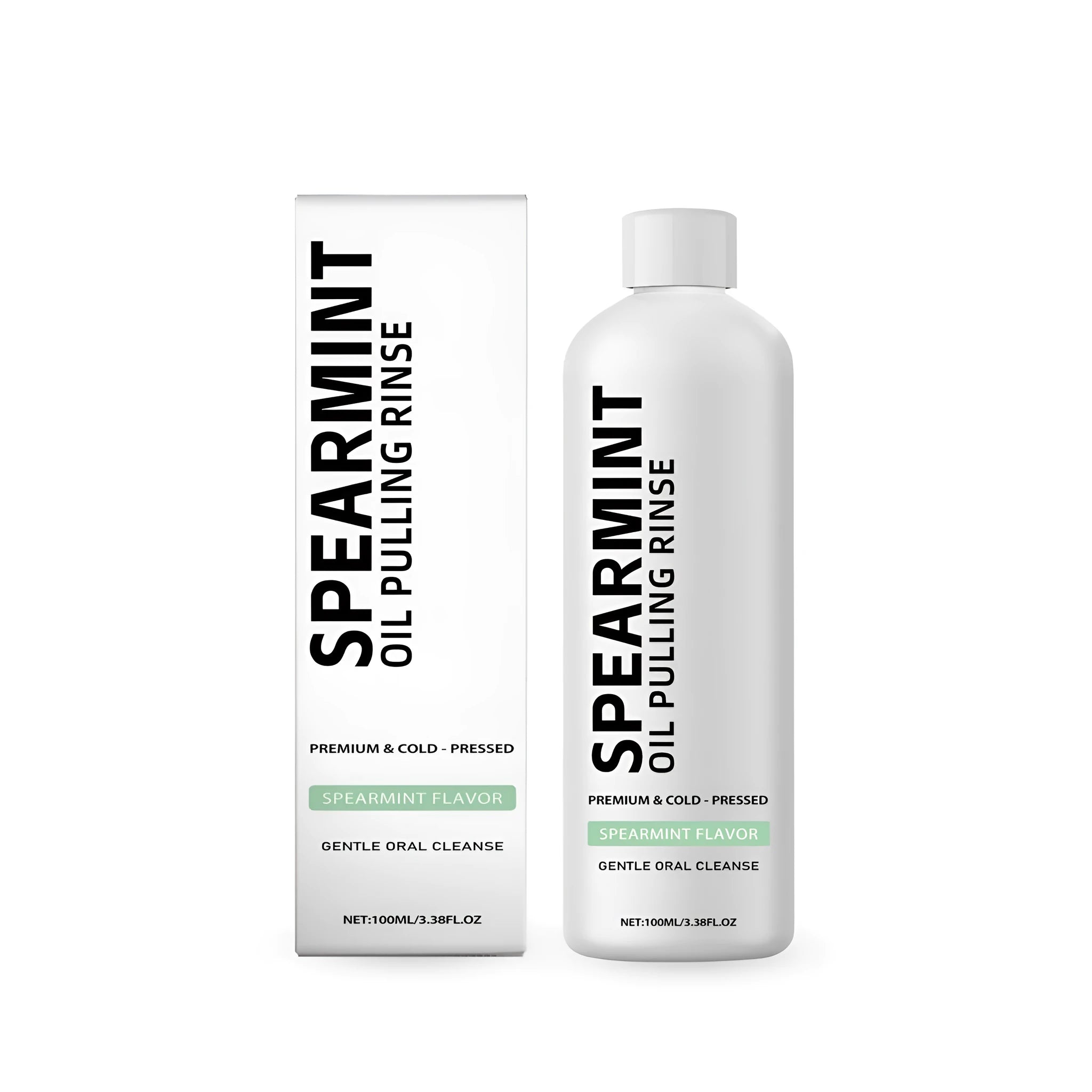 100ml bottle of spearmint oil pulling rinse mouthwash with natural peppermint and clove oils