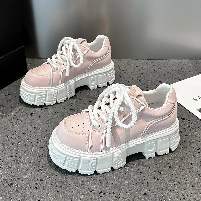 Beige and pink spring casual leather shoes with muffin-bottom soles for height increase