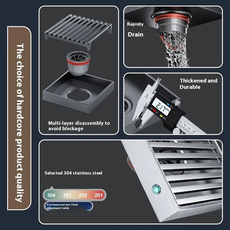 304 stainless steel courtyard floor drain in gun gray with 15x15cm dimensions and ABS deodorant core
