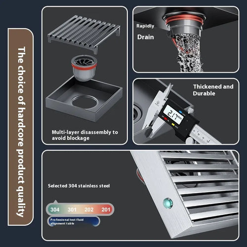 304 stainless steel courtyard floor drain in gun gray with 15x15cm dimensions and ABS deodorant core