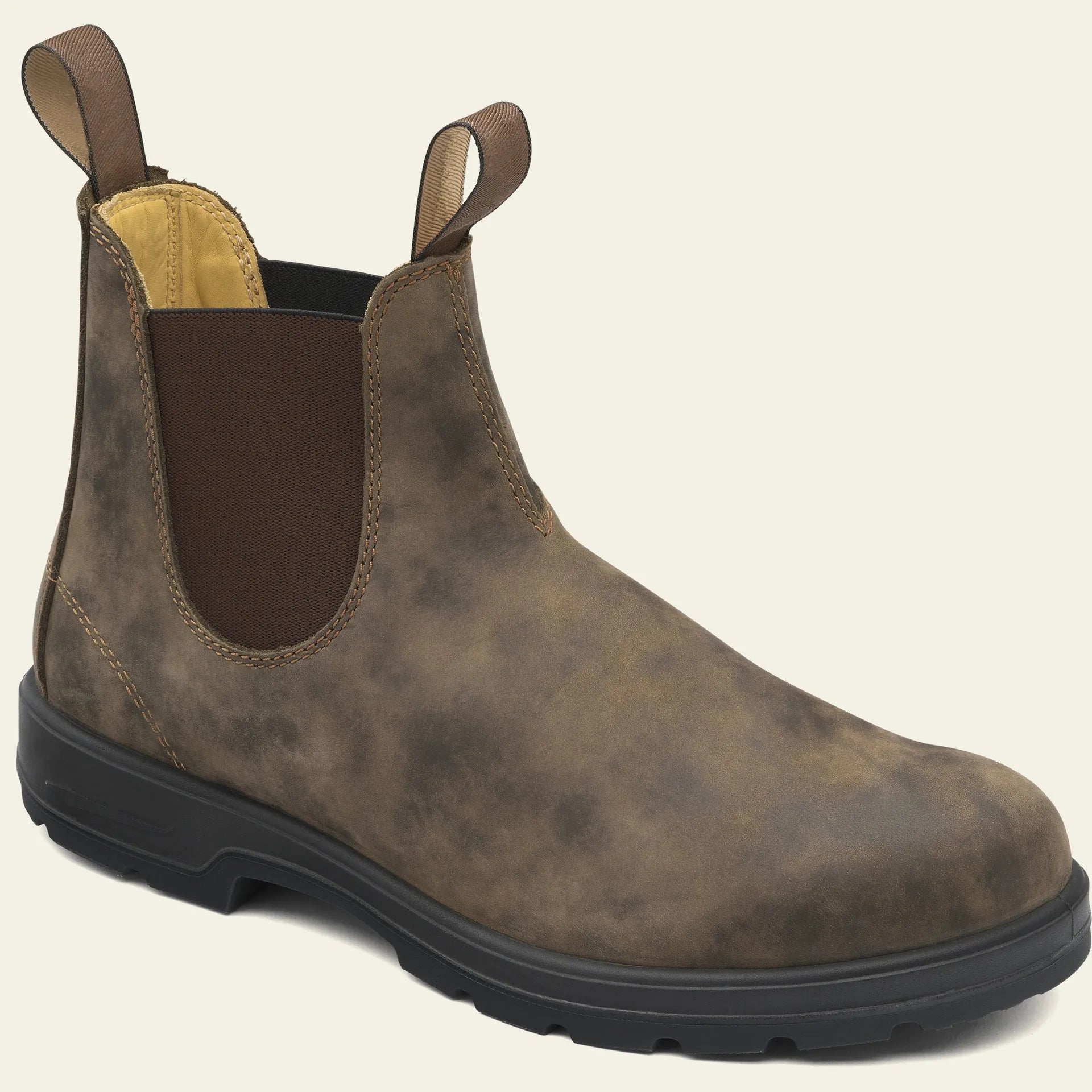 Vintage brown Chelsea boots with frosted PU upper and beef tendon sole on a neutral background