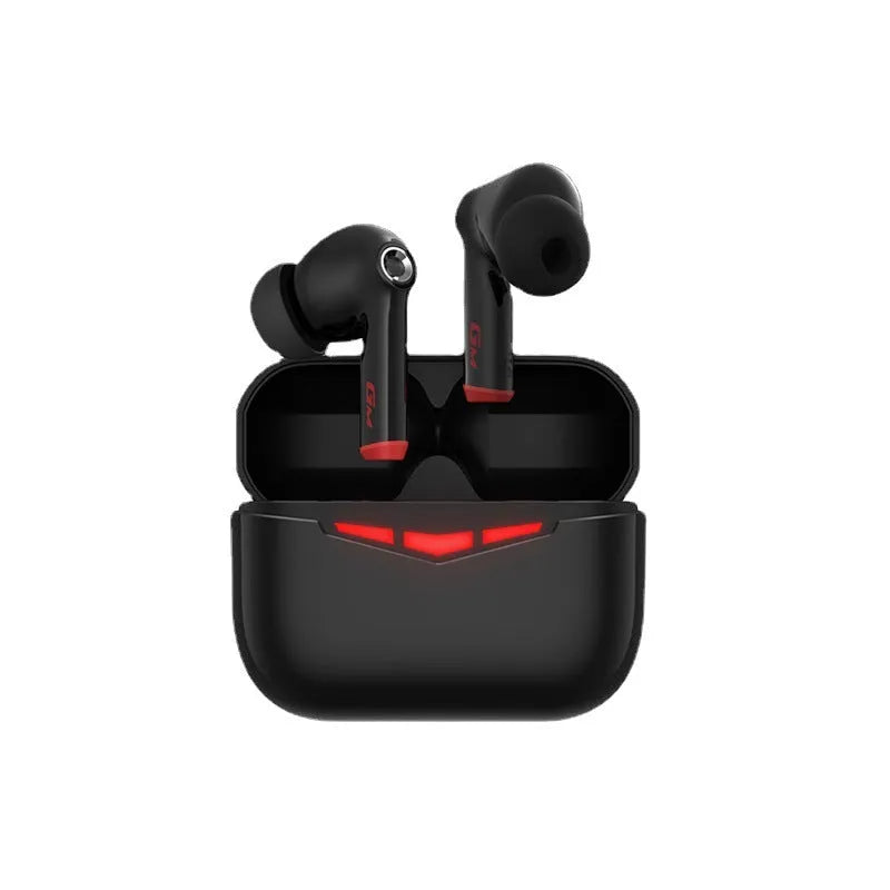 True wireless in-ear gaming headset in black with charging case and silicone eartips.