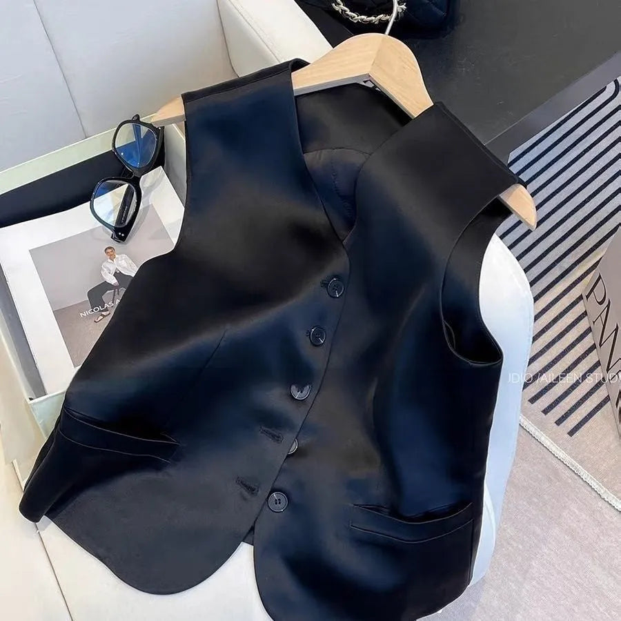 Black satin ladies' vest with sleeveless design and splicing details