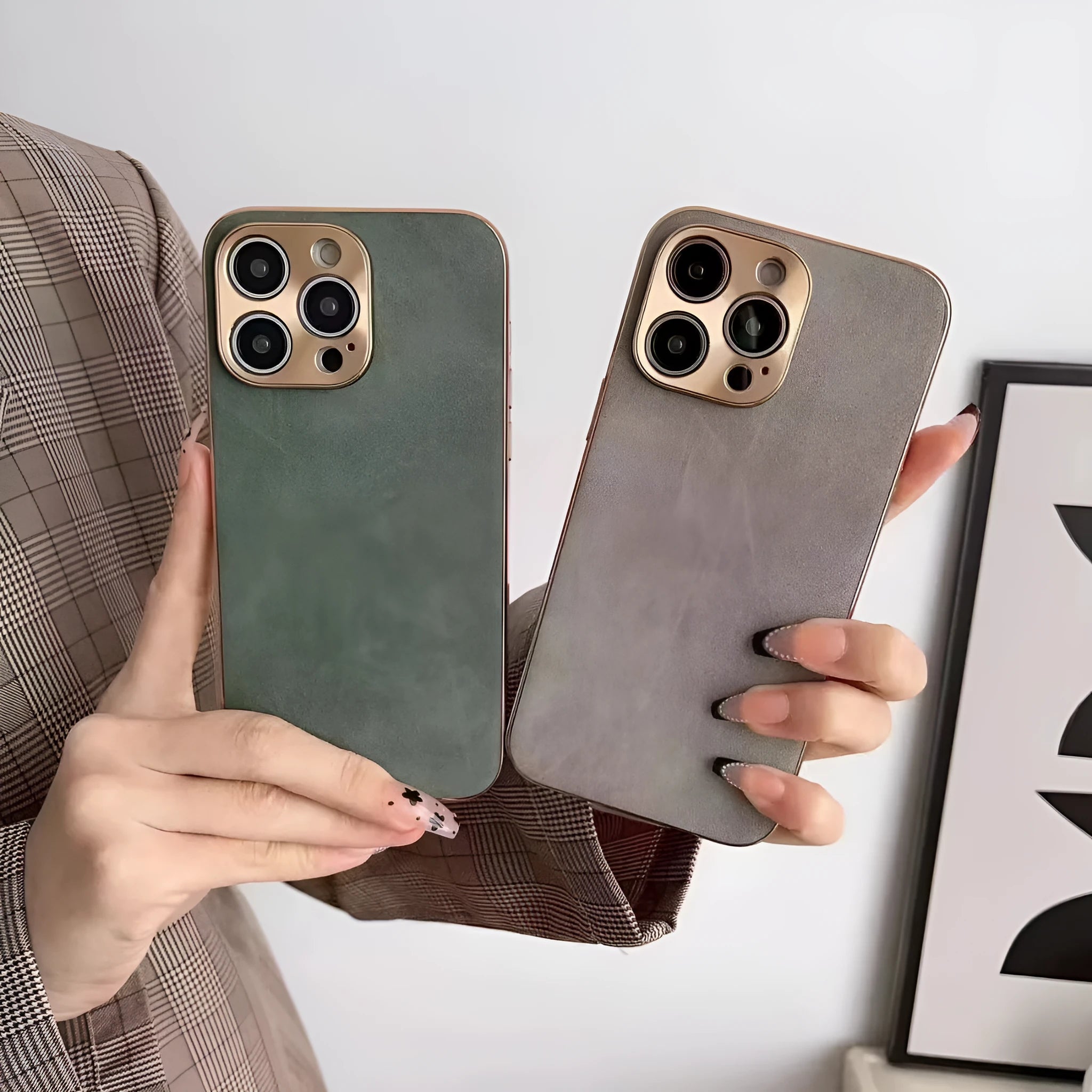 Leather-textured TPU phone case for iPhone in solid black, blue, grey, or grey-green colour.