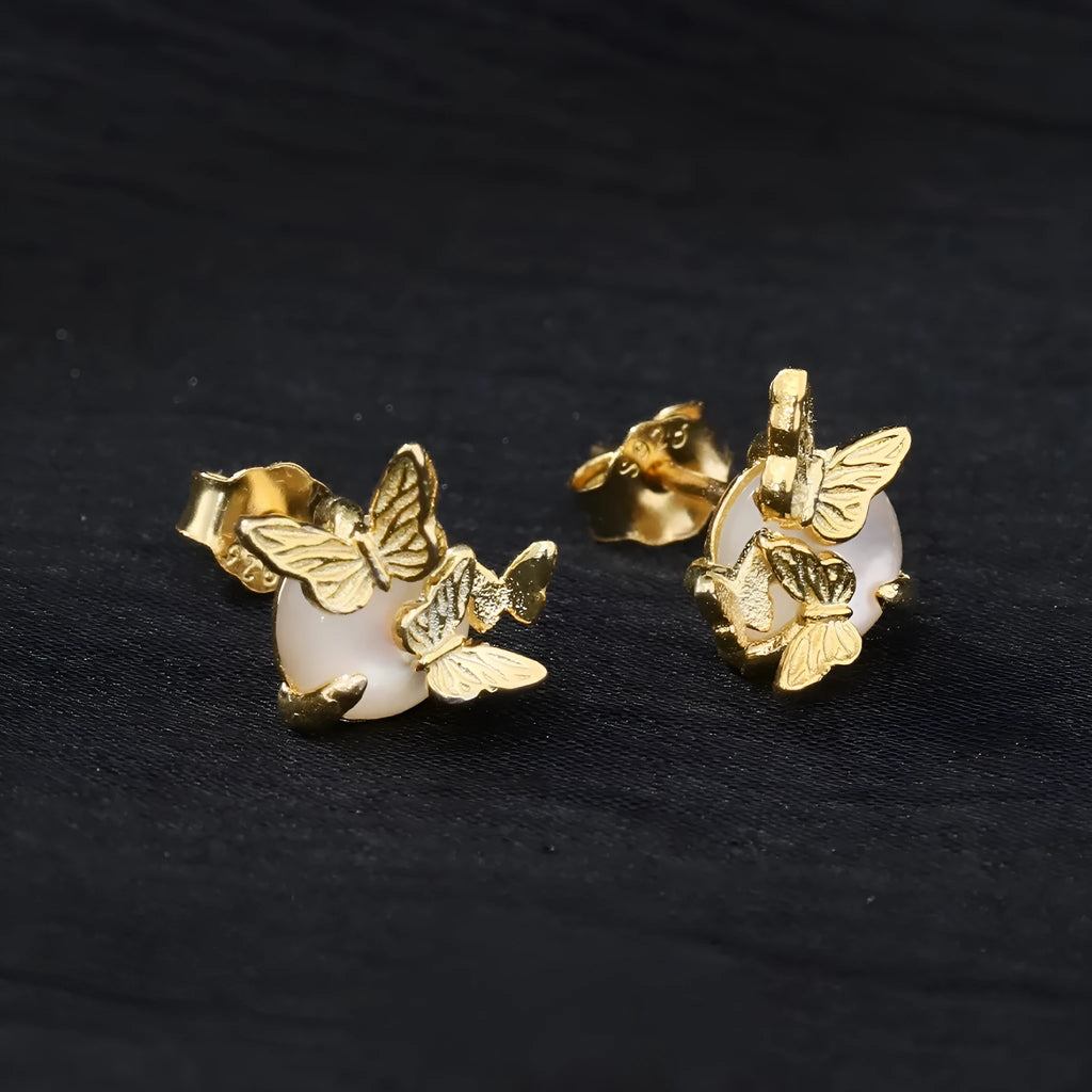 Women's 925 silver butterfly ear studs in electroplated white gold or gold colour with animal zodiac design