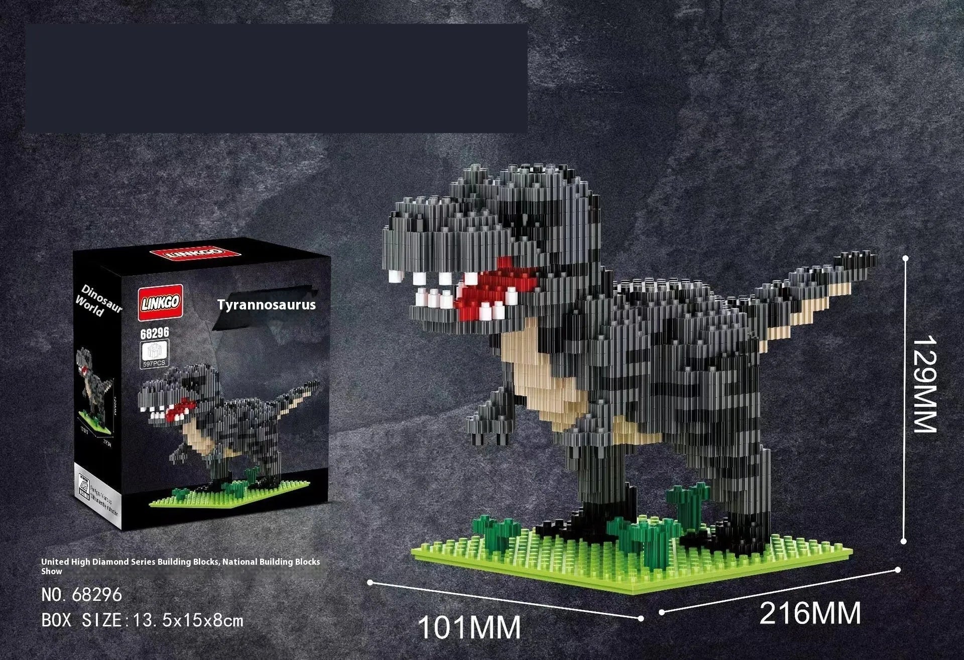 Plastic building blocks dinosaur model assembly kit with small diamond particles in colour box packaging