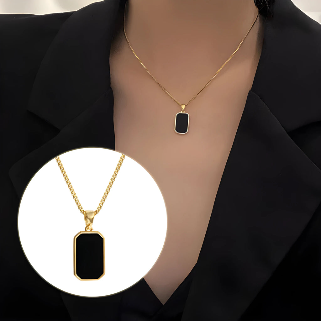 Rectangular pendant necklace 18K gold titanium steel box chain men women small black pendant geometric design