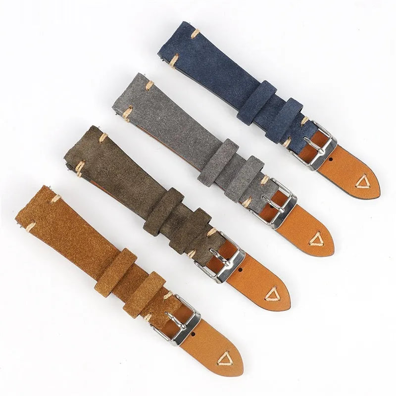 Small waist genuine suede leather watch strap in brown, blue, grey, or Army Green colours
