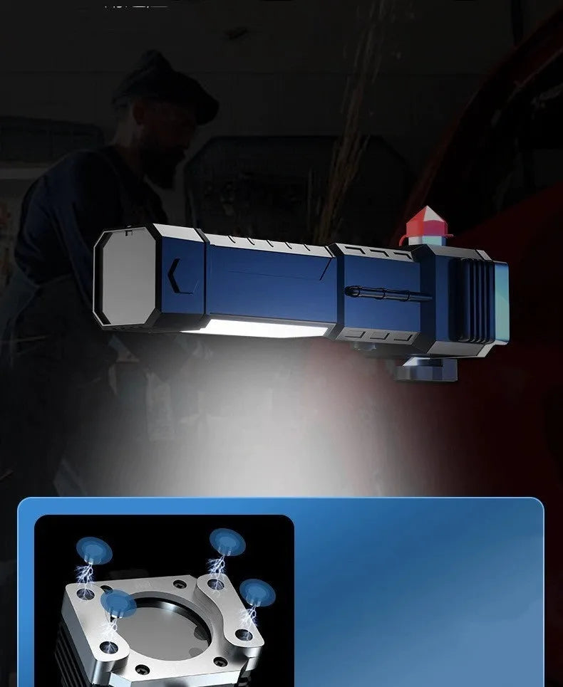 Silver portable LED flashlight with USB charging port, shown for outdoor and emergency use.