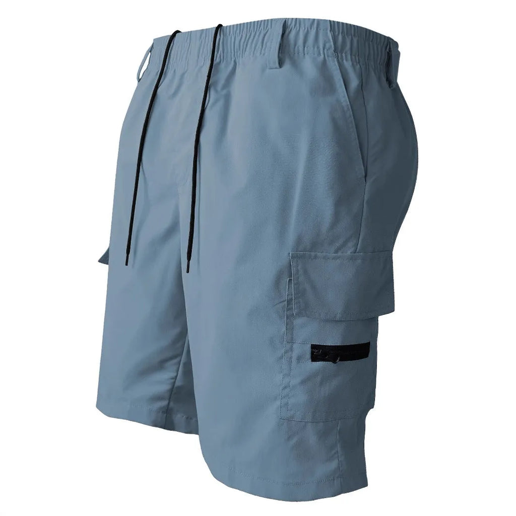 Men's loose straight-leg casual sport shorts in polyester, shown in black, blue, green, and khaki.