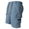 Men's loose straight-leg casual sport shorts in polyester, shown in black, blue, green, and khaki.