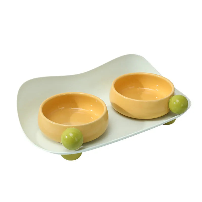 Ceramic raised pet bowl set with two bowls on non-slip silicone base for cats and small dogs
