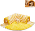 Brown plush plaid collapsible cat tunnel bed with central mat measuring 80x80x22cm