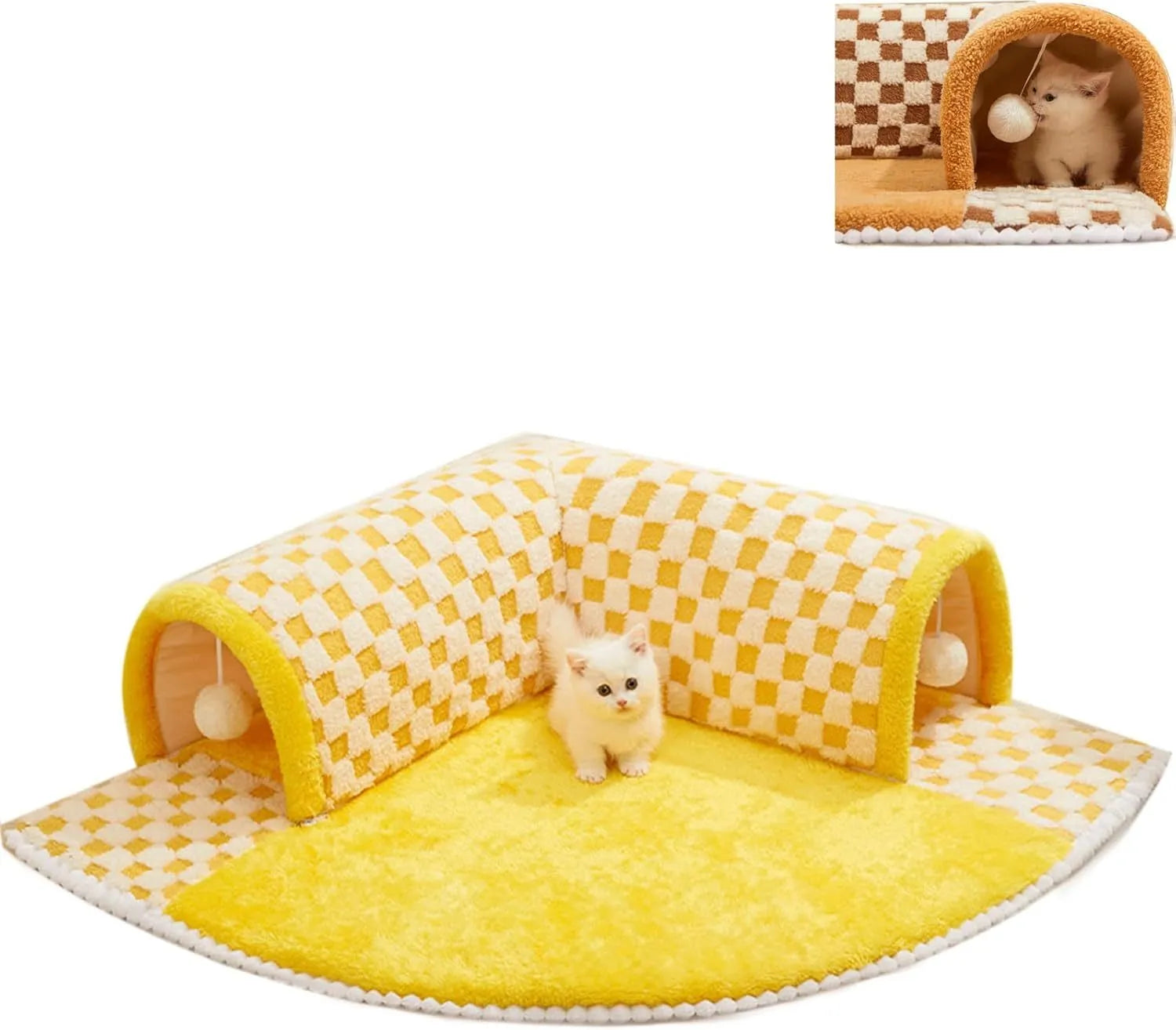 Brown plush plaid collapsible cat tunnel bed with central mat measuring 80x80x22cm