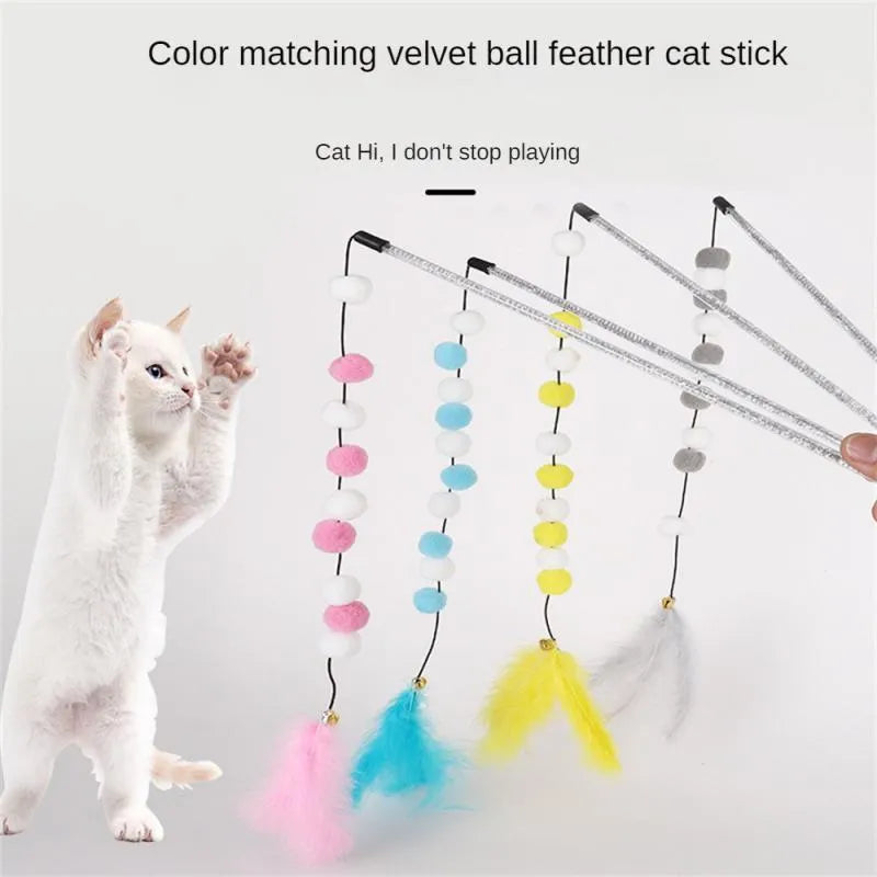 31cm long cat teaser toy rod with colourful pompons, feathers, and bell for interactive play