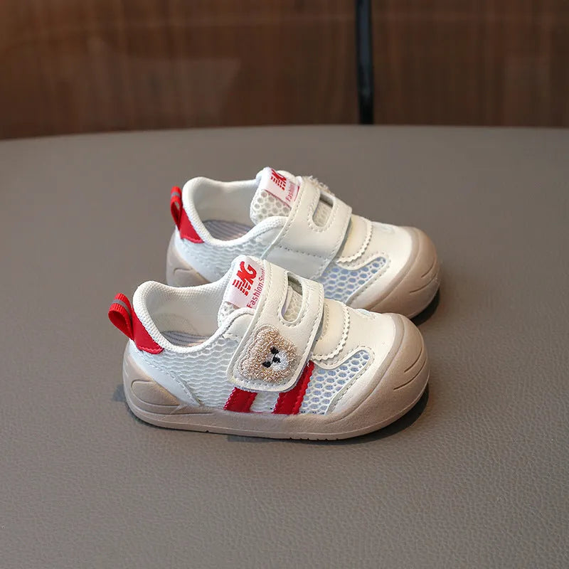Children's breathable mesh shoes with animal pattern and Velcro fastening, available in black