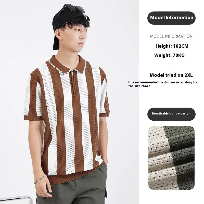 Men's striped short sleeve summer sweater in ice silk fabric with zipper decoration