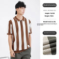 Men's striped short sleeve summer sweater in ice silk fabric with zipper decoration