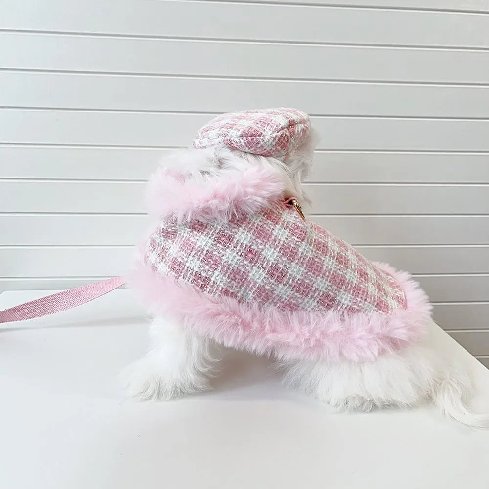 Pink cat clothing set with beret, cloak, and hand-holding rope accessory for female cats