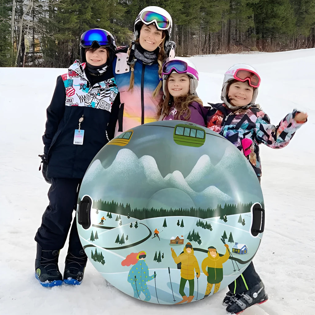 PVC winter ski ring toy in snow mountain, ice-snow blue, or flame red colour options