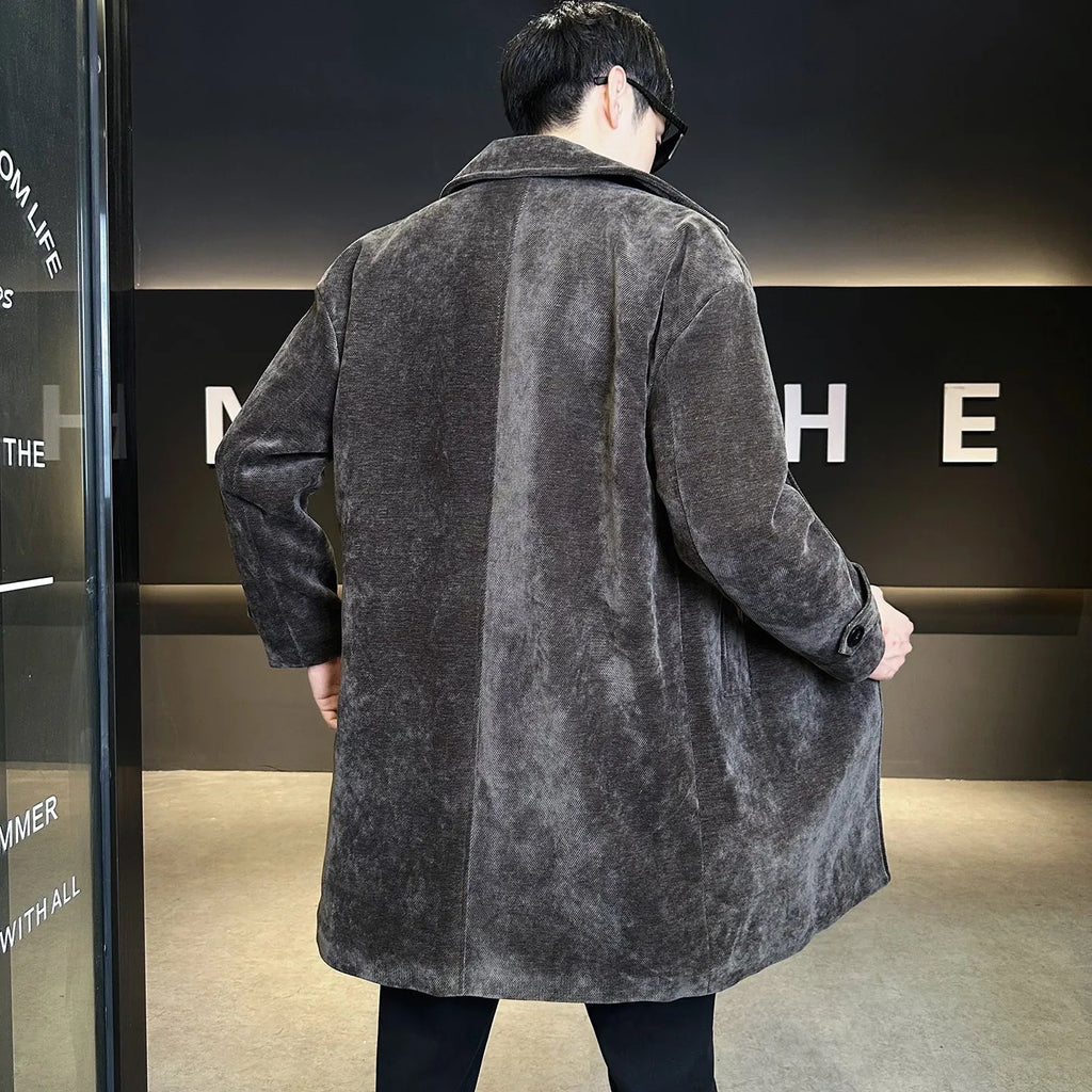 Long brown cotton wool blend jacket with thickened windproof construction, regular fit, and polyester lining, shown front view.