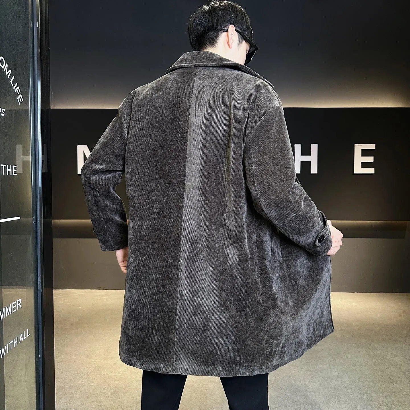 Long brown cotton wool blend jacket with thickened windproof construction, regular fit, and polyester lining, shown front view.