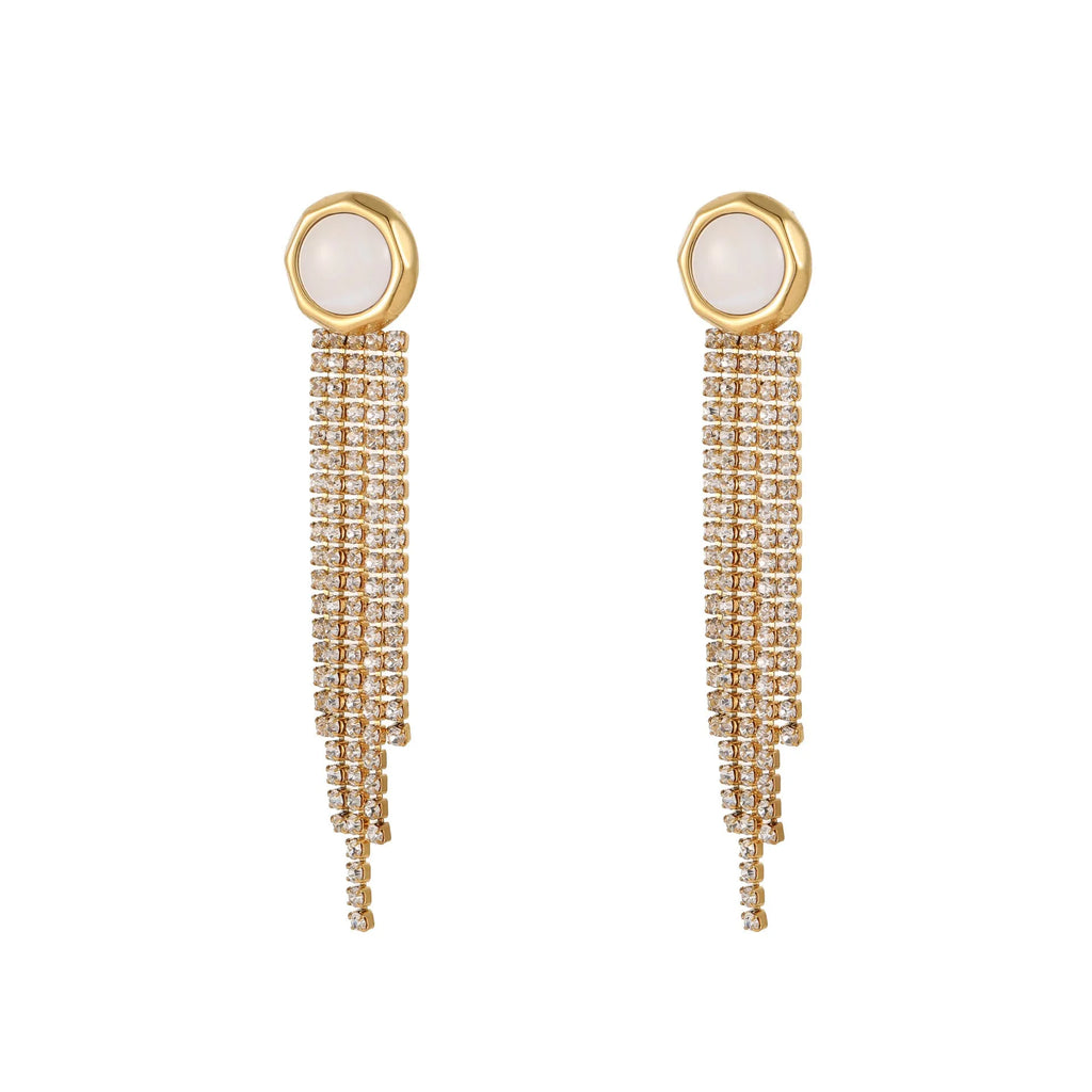 Stainless steel earrings with diamond tassel love heart and star geometric design, 18K electroplated finish