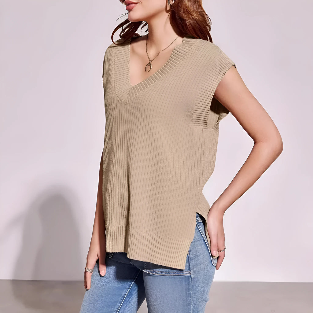 Camel coloured loose fit V-neck sleeveless vest with striped pattern on hanger