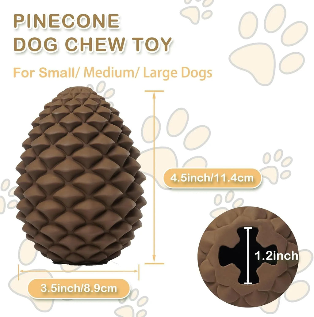 Yellow pine cone-shaped natural rubber dog toy with treat dispenser hole.
