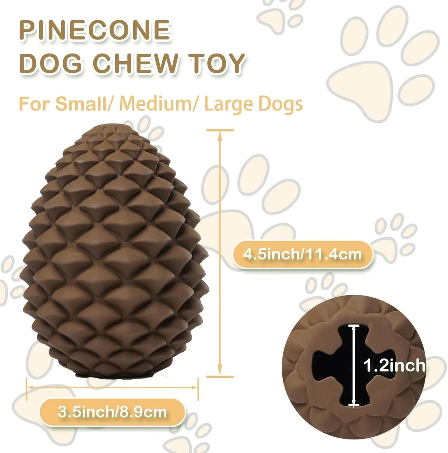 Yellow pine cone-shaped natural rubber dog toy with treat dispenser hole.