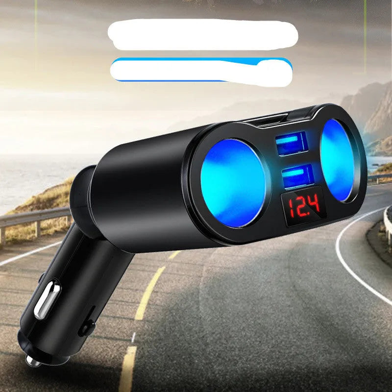 Car Bluetooth FM transmitter with USB charging port plugged into a vehicle cigarette lighter socket