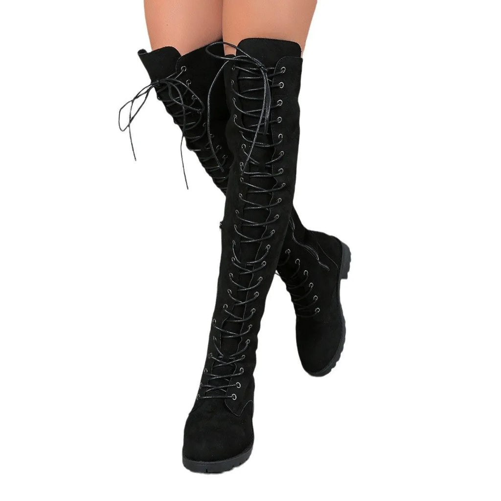 Black women's lace-up over-the-knee boots with round toe and flat heel on a white background.