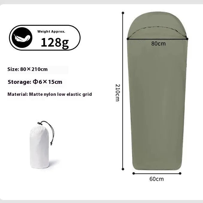 Adult blue nylon camping sleeping bag with mummy structure showing dimensions