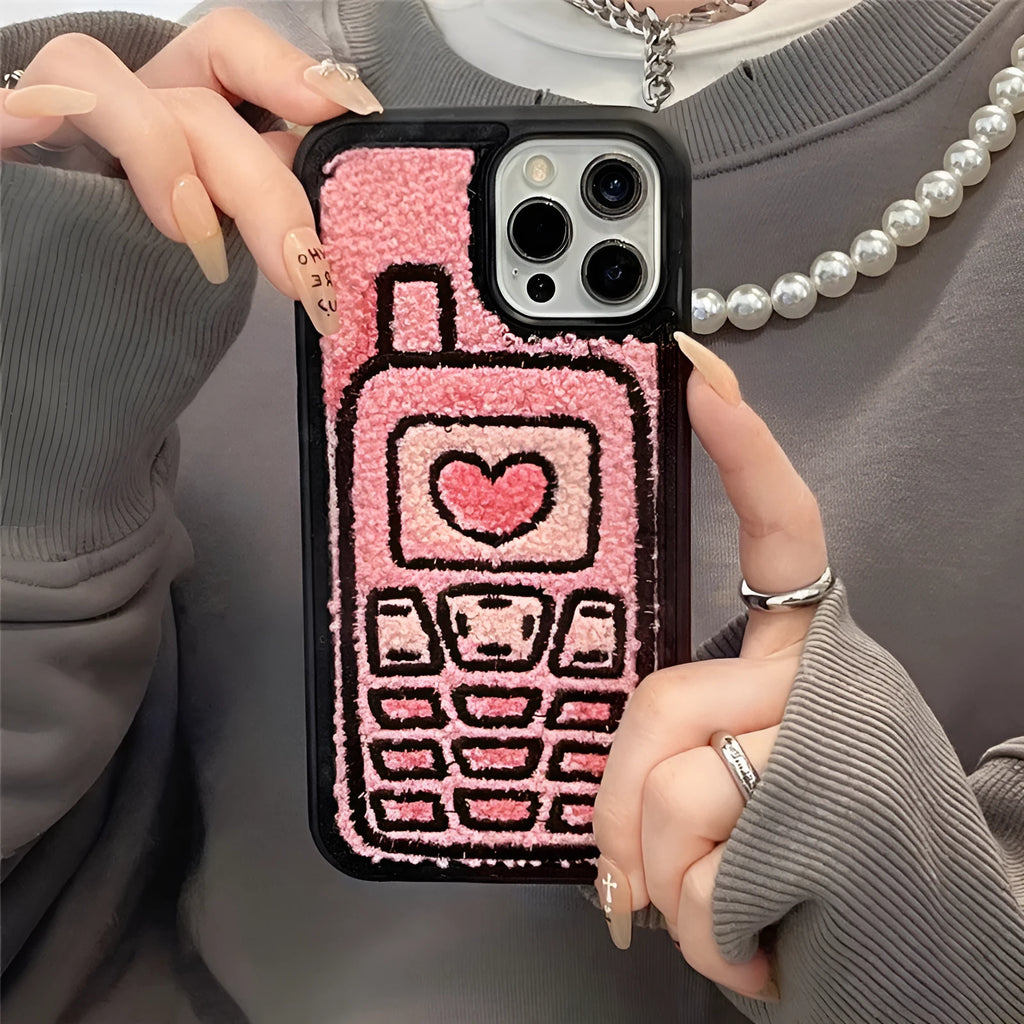Pink TPU iPhone case with towel embroidery design on back