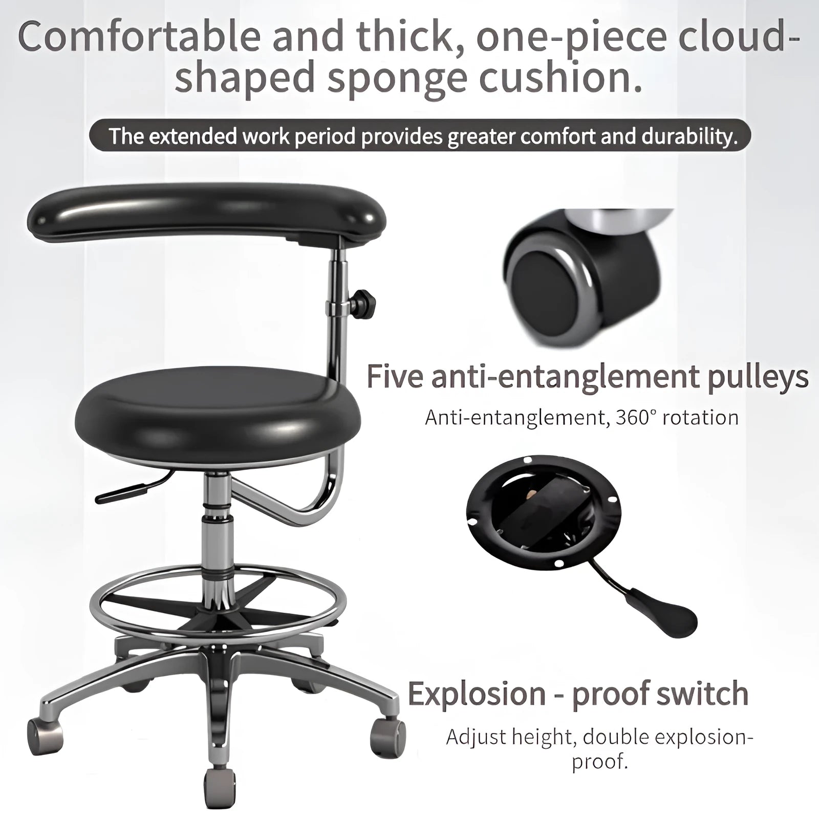 Black leather hydraulic dental chair for hospital patient treatment with height adjustment mechanism