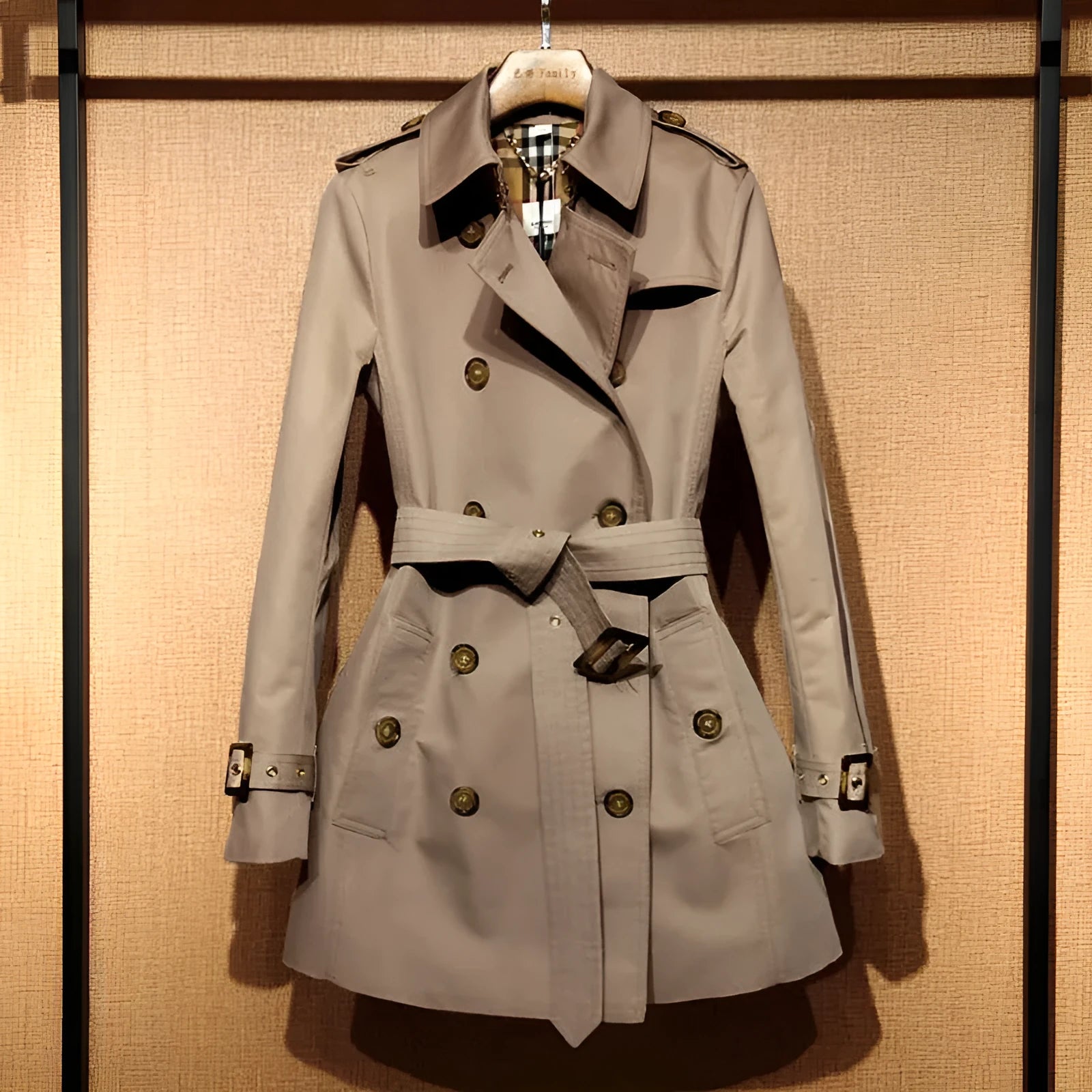 Khaki women's double-breasted polyester trench coat with long flight sleeves.